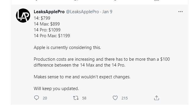 Dự đoán về giá của iPhone 14 từ leaker LeaksApplePro 