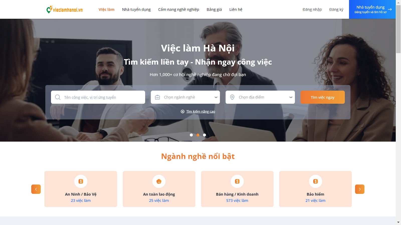 Giao diện của trang chủ vieclamhanoi.vn